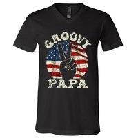 Groovy Papa 70s Aesthetic USA Flag Groovy Dad V-Neck T-Shirt