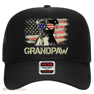 Grandpaw Pitbull American Flag Sunglasses Pittie Dog Grandpa High Crown Mesh Back Trucker Hat