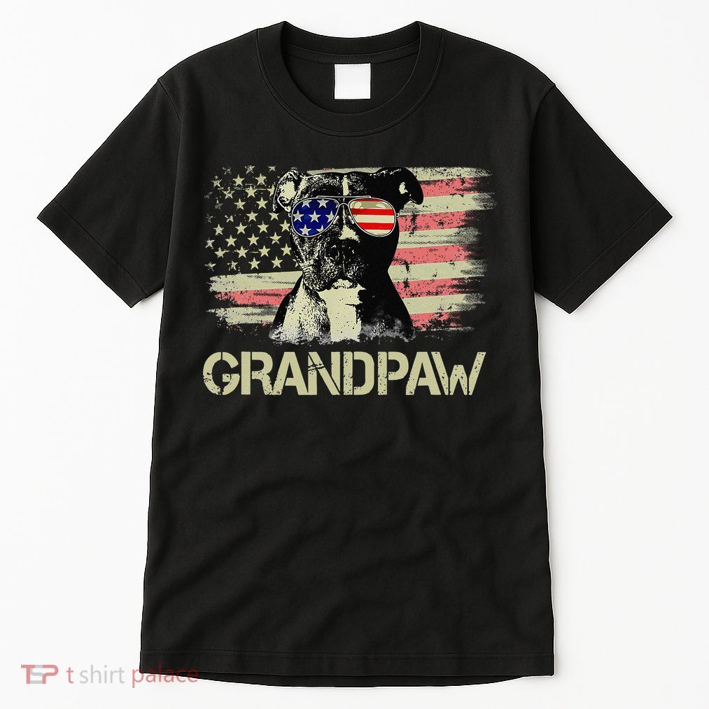 Grandpaw Pitbull American Flag Sunglasses Pittie Dog Grandpa Tall T-Shirt