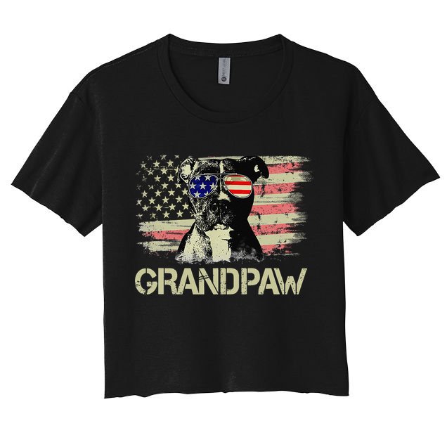 Grandpaw Pitbull American Flag Sunglasses Pittie Dog Grandpa Crop Top