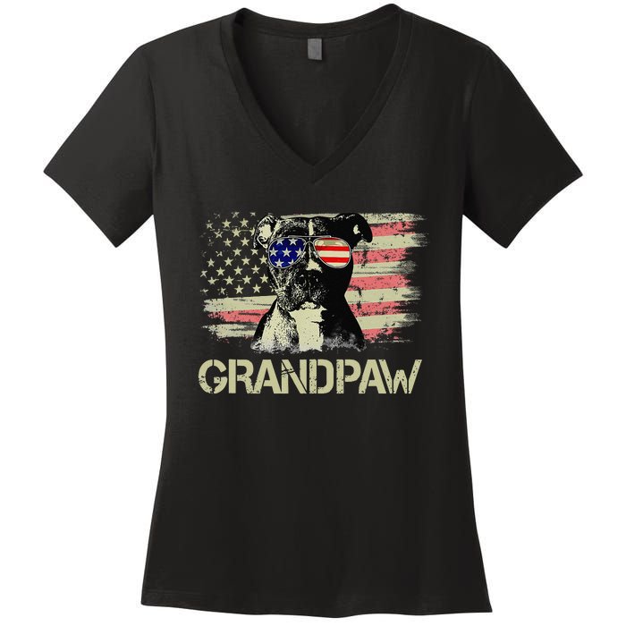 Grandpaw Pitbull American Flag Sunglasses Pittie Dog Grandpa Women's V-Neck T-Shirt