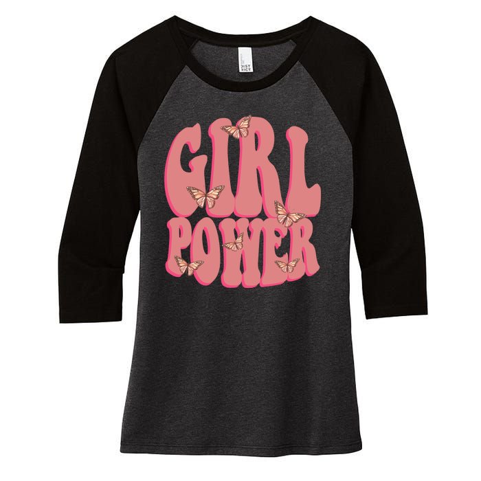 Girl Power Butterfly Retro Women's Tri-Blend 3/4-Sleeve Raglan Shirt