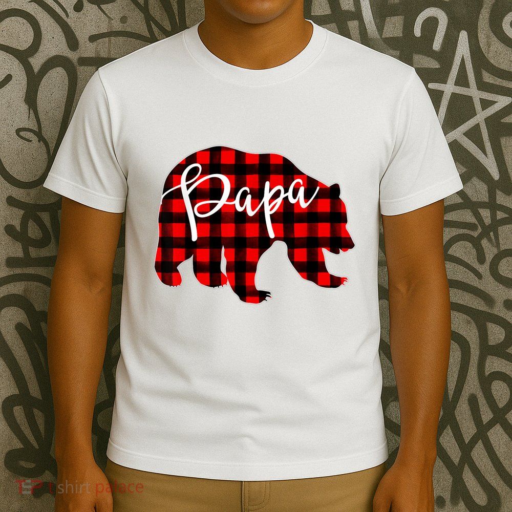 Gray Papa Bear Matching Family Christmas Plaid Buffalo Check T-Shirt