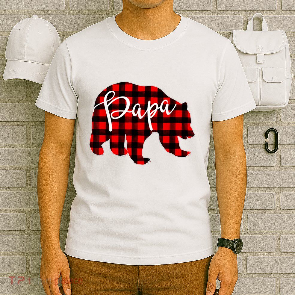 Gray Papa Bear Matching Family Christmas Plaid Buffalo Check T-Shirt