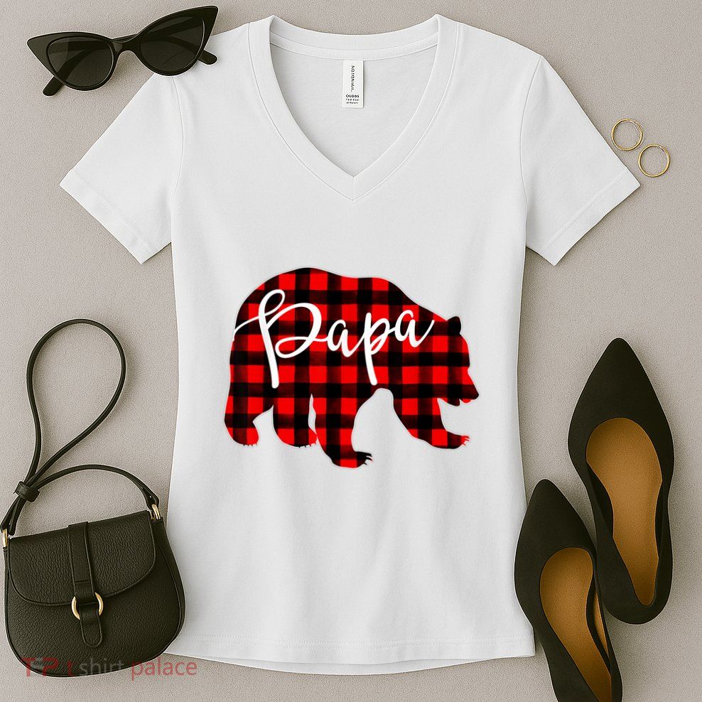 Gray Papa Bear Matching Family Christmas Plaid Buffalo Check Women's V-Neck T-Shirt