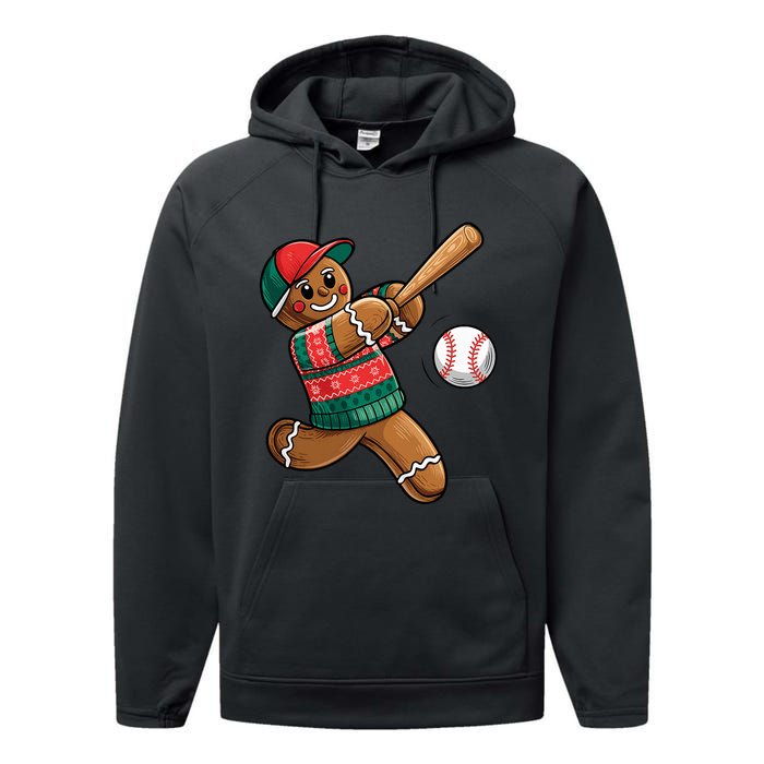 Gingerbread Playing Baseball Christmas Lights Xmas Pjs Performance Fleece Hoodie