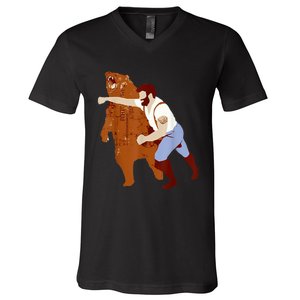 Guy Punching Bear V-Neck T-Shirt