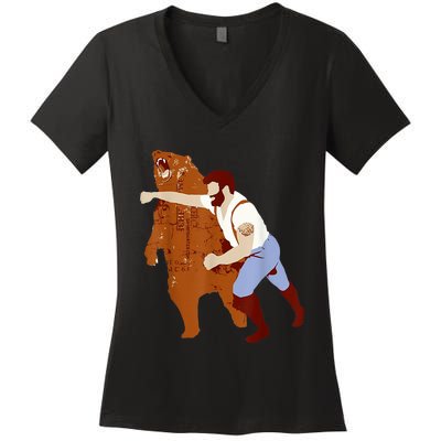 Guy Punching Bear Women's V-Neck T-Shirt