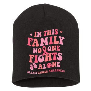 Groovy Pink Breast Cancer Warrior Family No One Fight Alone Short Acrylic Beanie