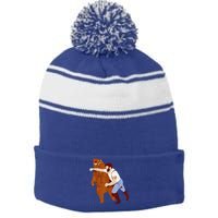 Guy Punching Bear Stripe Pom Pom Beanie