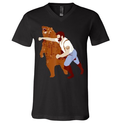 Guy Punching Bear V-Neck T-Shirt