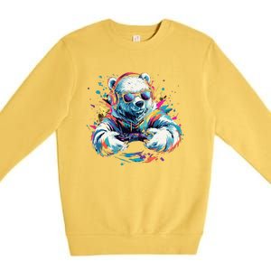 Gaming Polar Bear Colorful Headset Art Gamer Polar Bear Cute Gift Premium Crewneck Sweatshirt