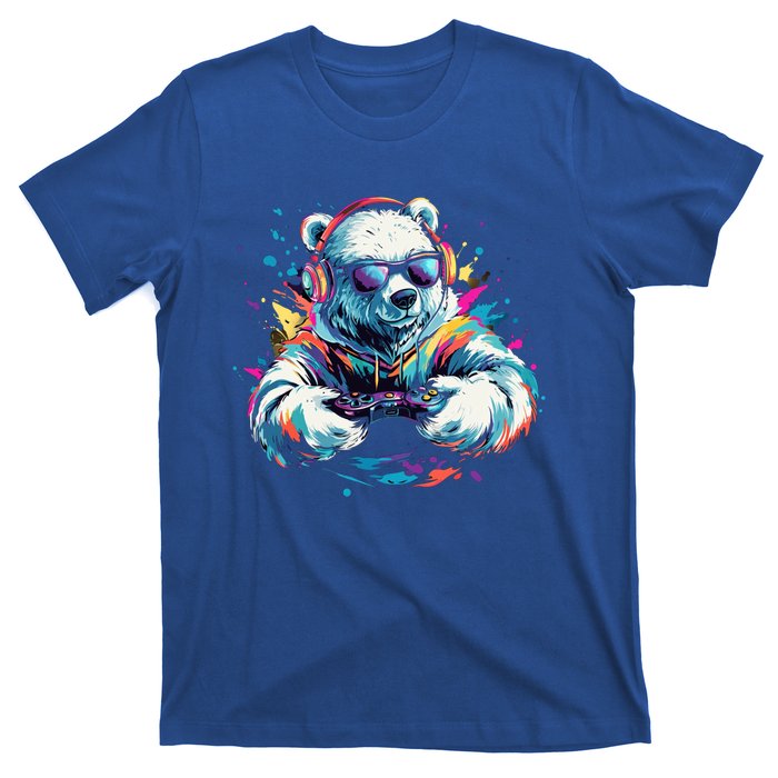 Gaming Polar Bear Colorful Headset Art Gamer Polar Bear Cute Gift T-Shirt