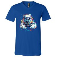 Gaming Polar Bear Colorful Headset Art Gamer Polar Bear Cute Gift V-Neck T-Shirt