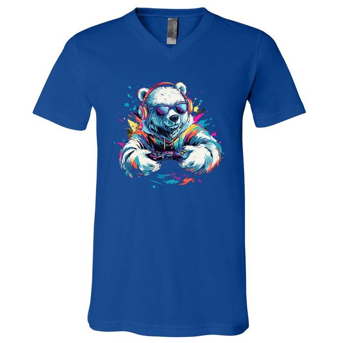 Gaming Polar Bear Colorful Headset Art Gamer Polar Bear Cute Gift V-Neck T-Shirt