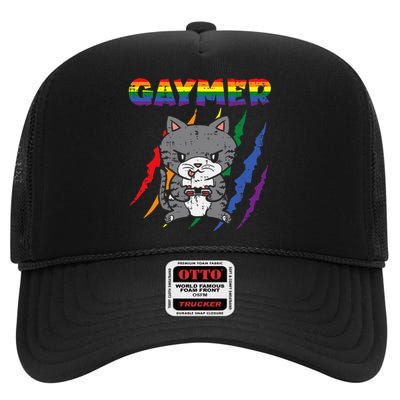 Gaymer Purride Cat Video Game Gamer Lgbtq High Crown Mesh Back Trucker Hat