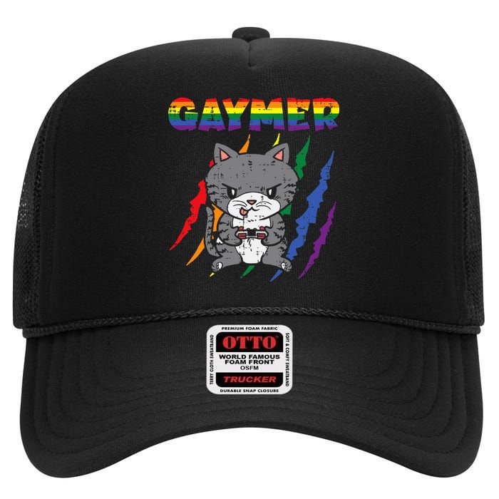 Gaymer Purride Cat Video Game Gamer Lgbtq High Crown Mesh Back Trucker Hat