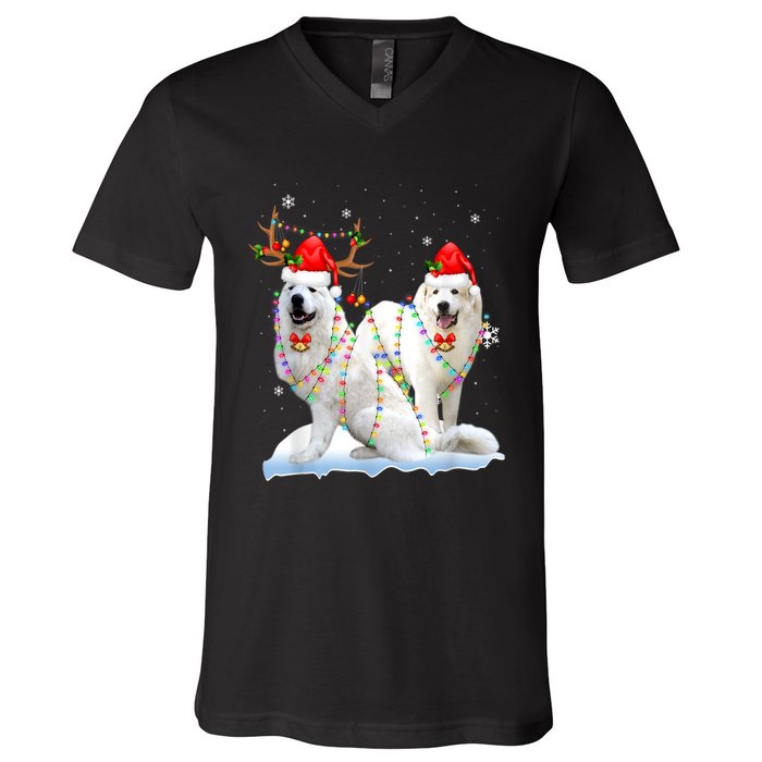 Great Pyrenees Christmas Tree Lights Reindeer Santa Xmas V-Neck T-Shirt