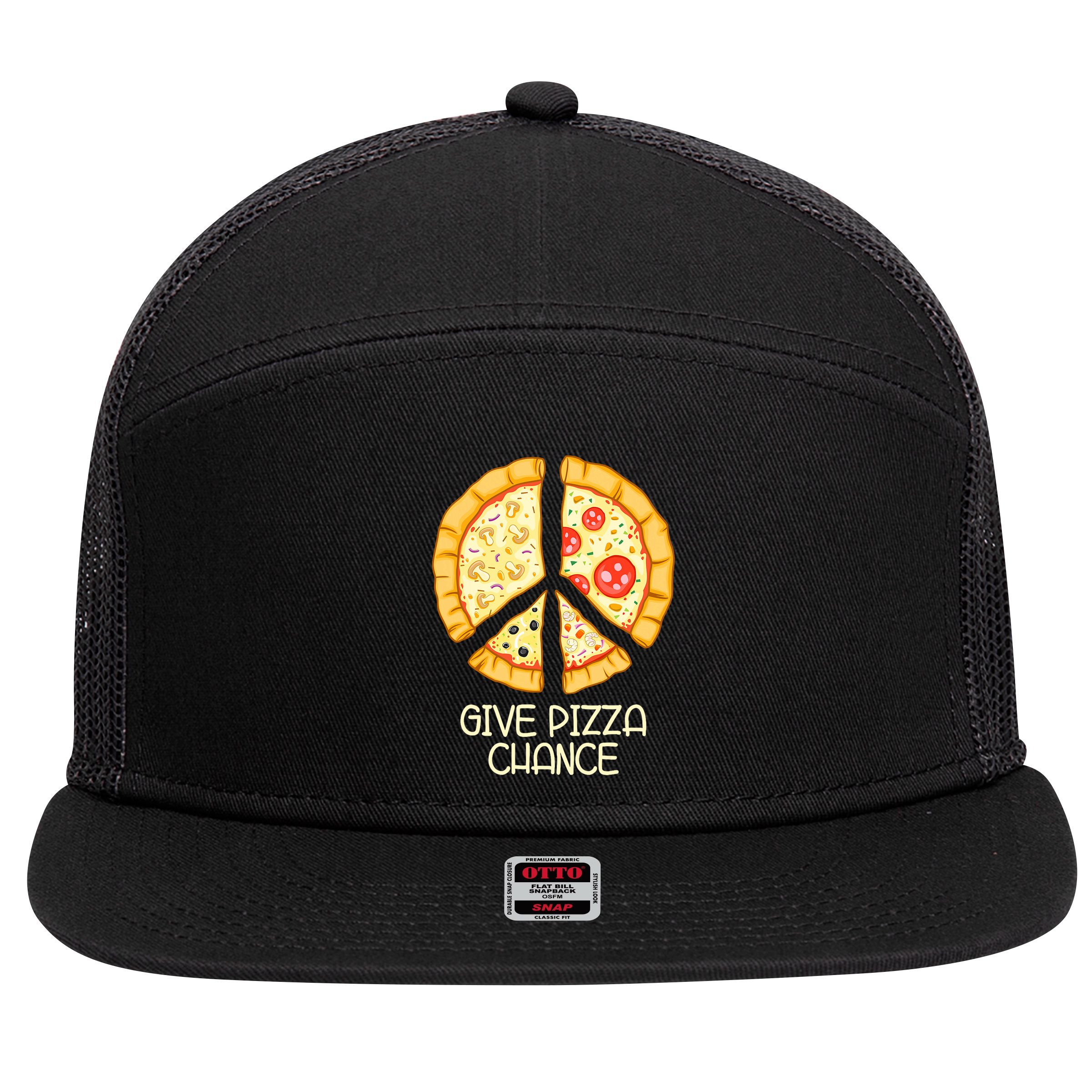 Give Pizza Chance Funny Pizza Pun With Peace Logo Sign 7 Panel Mesh Trucker Snapback Hat