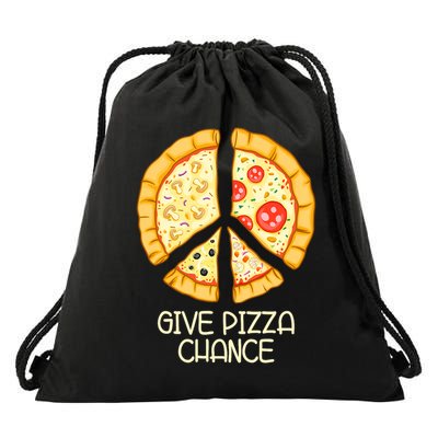 Give Pizza Chance Funny Pizza Pun With Peace Logo Sign Drawstring Bag