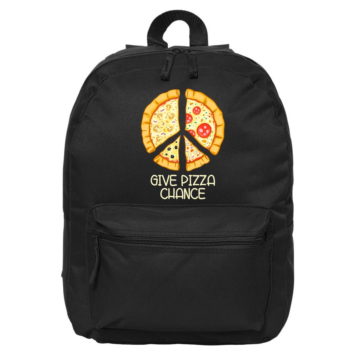 Give Pizza Chance Funny Pizza Pun With Peace Logo Sign 16 in Basic Backpack