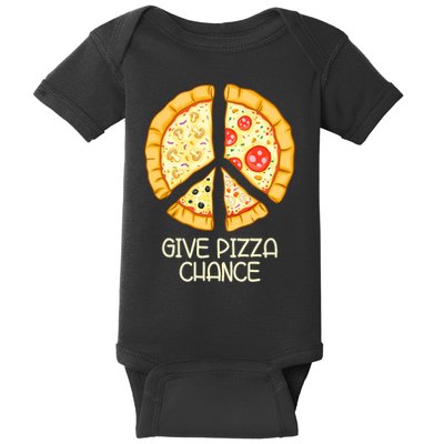 Give Pizza Chance Funny Pizza Pun With Peace Logo Sign Baby Bodysuit