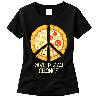 Give Pizza Chance Funny Pizza Pun With Peace Logo Sign Womens T-Shirt