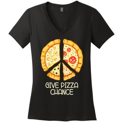 Give Pizza Chance Funny Pizza Pun With Peace Logo Sign Women's V-Neck T-Shirt