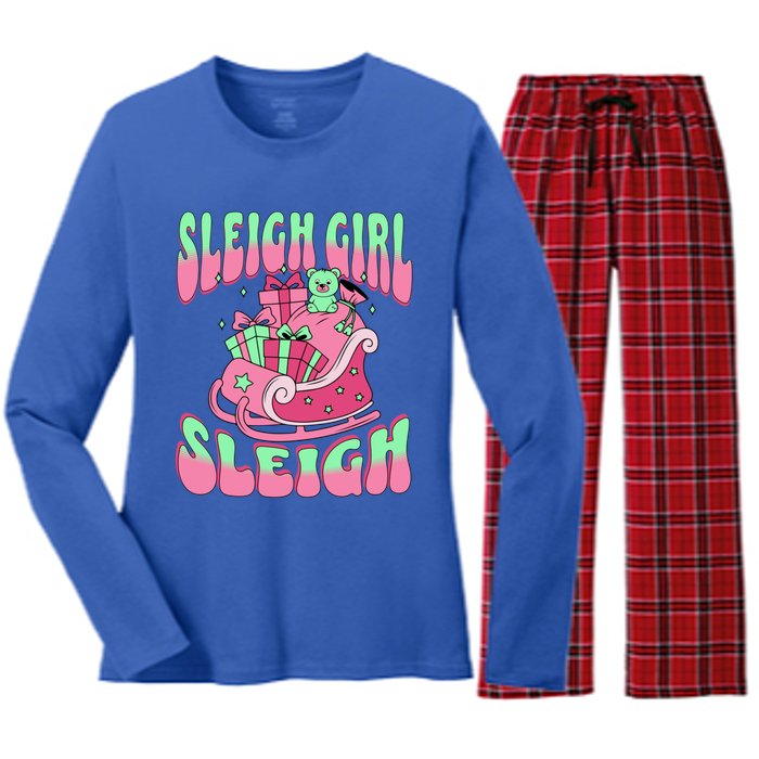 Groovy Pink Christmas Sleigh Sleigh Funny S Xmas Gift Women's Long Sleeve Flannel Pajama Set 