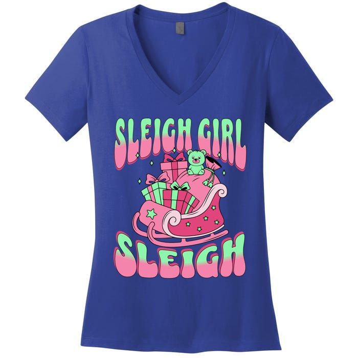 Groovy Pink Christmas Sleigh Sleigh Funny S Xmas Gift Women's V-Neck T-Shirt