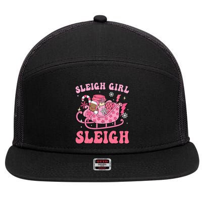 Groovy Pink Christmas Coffee Sleigh Girl Sleigh Xmas Holiday 7 Panel Mesh Trucker Snapback Hat