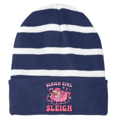 Groovy Pink Christmas Coffee Sleigh Girl Sleigh Xmas Holiday Striped Beanie with Solid Band