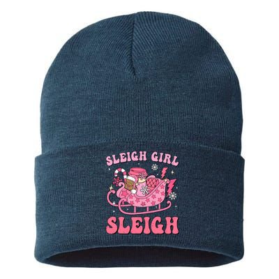 Groovy Pink Christmas Coffee Sleigh Girl Sleigh Xmas Holiday Sustainable Knit Beanie