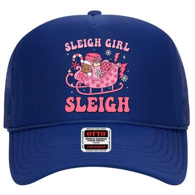 Groovy Pink Christmas Coffee Sleigh Girl Sleigh Xmas Holiday High Crown Mesh Back Trucker Hat