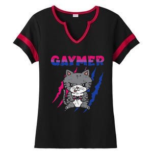 Gaymer Purride Cat Video Game Gamer LGBTQ Bisexual Flag Gay Ladies Halftime Notch Neck Tee