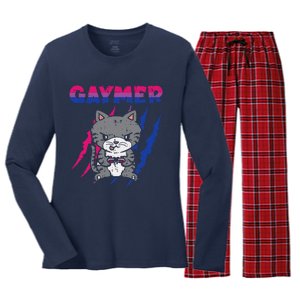 Gaymer Purride Cat Video Game Gamer LGBTQ Bisexual Flag Gay Women's Long Sleeve Flannel Pajama Set 