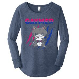 Gaymer Purride Cat Video Game Gamer LGBTQ Bisexual Flag Gay Women's Perfect Tri Tunic Long Sleeve Shirt