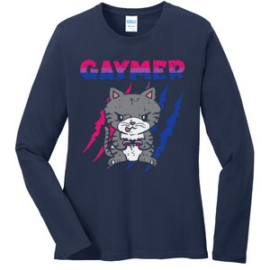 Gaymer Purride Cat Video Game Gamer LGBTQ Bisexual Flag Gay Ladies Long Sleeve Shirt