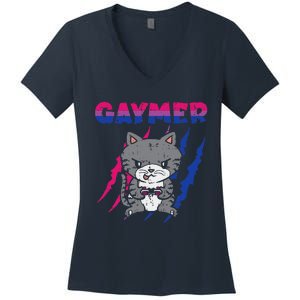 Gaymer Purride Cat Video Game Gamer LGBTQ Bisexual Flag Gay Women's V-Neck T-Shirt