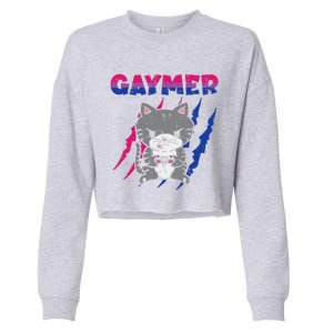 Gaymer Purride Cat Video Game Gamer LGBTQ Bisexual Flag Gay Cropped Pullover Crew