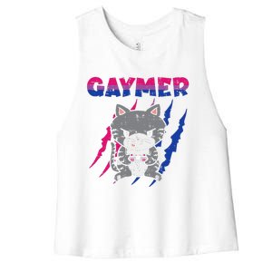 Gaymer Purride Cat Video Game Gamer LGBTQ Bisexual Flag Gay Women's Racerback Cropped Tank