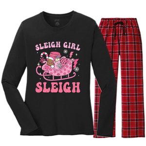 Groovy Pink Christmas Coffee Sleigh Girl Sleigh Xmas Holiday Women's Long Sleeve Flannel Pajama Set 