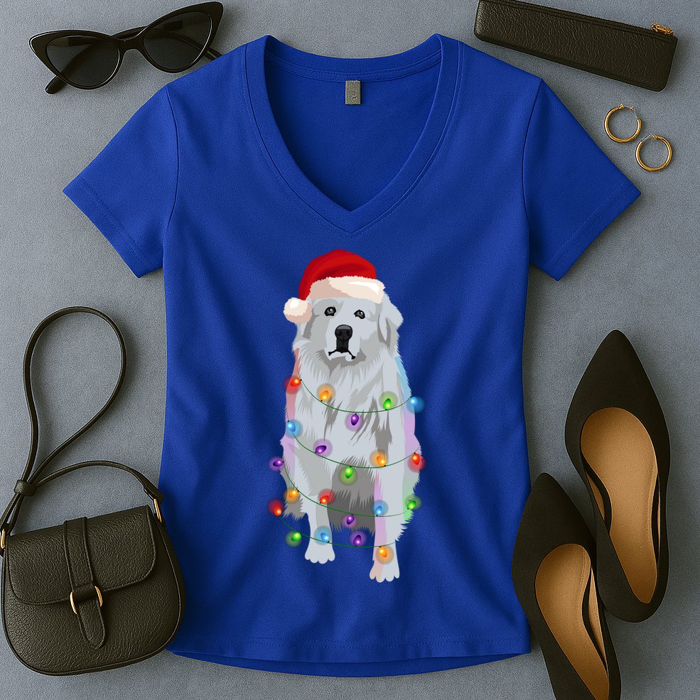 Great Pyrenees Christmas Lights Xmas Patou Pyrenean Gift Women's V-Neck T-Shirt