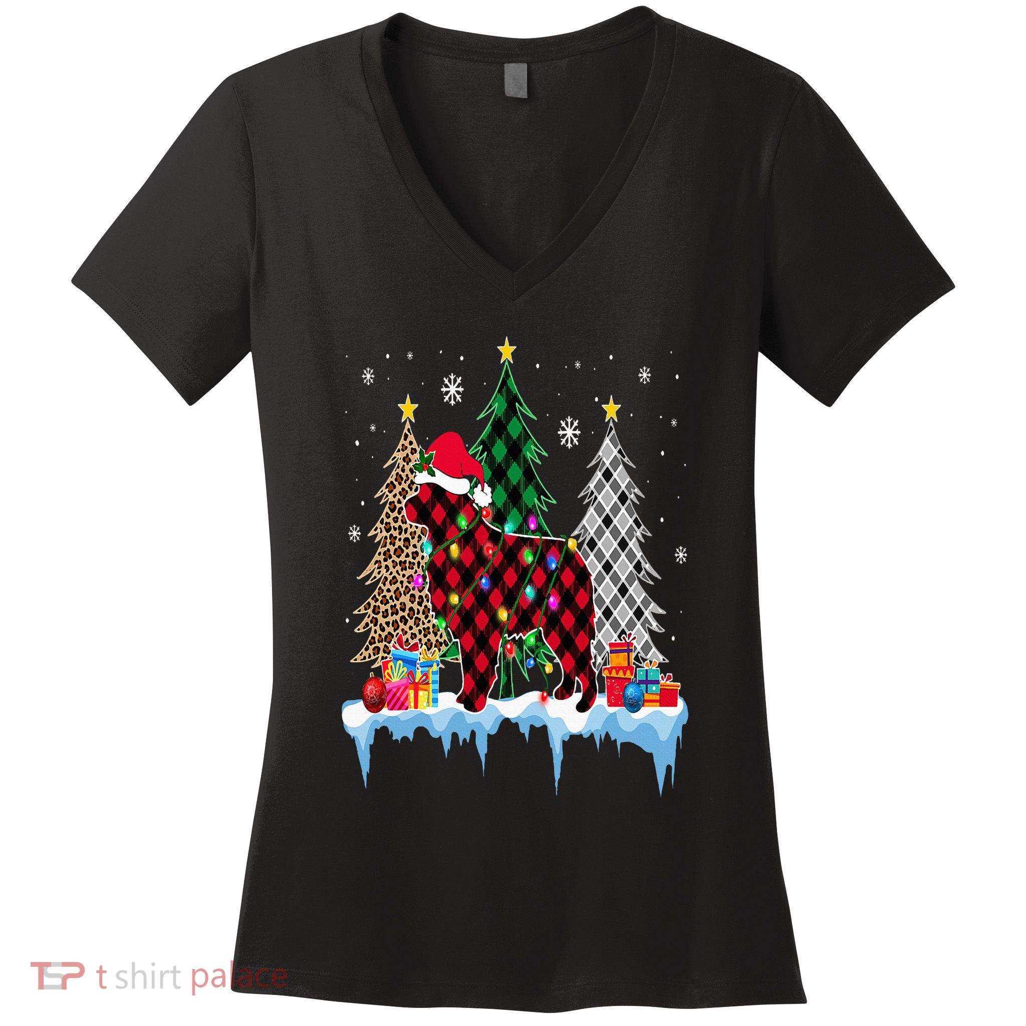Great Pyrenees Dog Tree Christmas Lights Funny Xmas Pajama Women's V-Neck T-Shirt