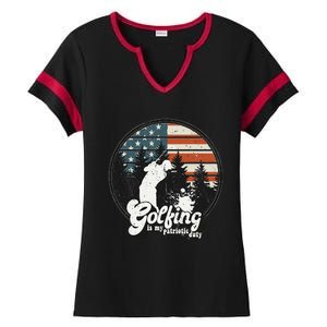 Golfing Patriotic Duty Golfer American Flag Playing Golf Ladies Halftime Notch Neck Tee