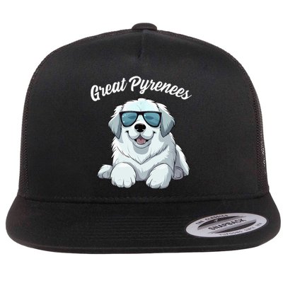 Great Pyrenees Dog With Sunglasses Cool Great Pyrenees Flat Bill Trucker Hat