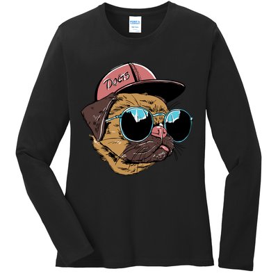 Gangster Pug Dog Hipster Cool Shades Ladies Long Sleeve Shirt