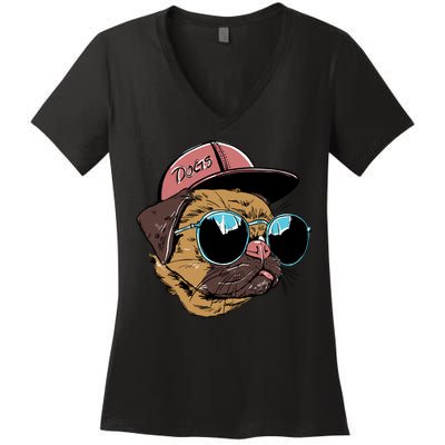Gangster Pug Dog Hipster Cool Shades Women's V-Neck T-Shirt