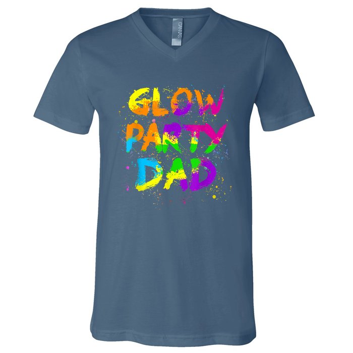 Glow Party Dad Splatter Effect 80 Theme Color Birthday Party V-Neck T-Shirt