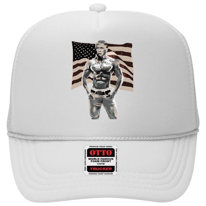 Gangster Pro Donald Trump Tattoo Republican American Flag V2 High Crown Mesh Back Trucker Hat